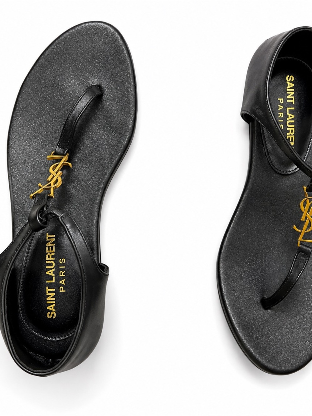 Saint Laurent Black Leather Thong Sandals with Gold YSL Logo